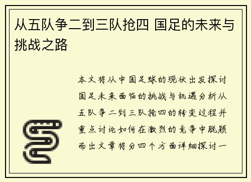 从五队争二到三队抢四 国足的未来与挑战之路